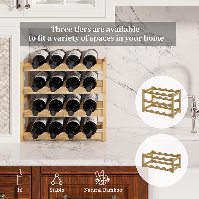 Wine Rack，Bamboo Wine Storage Cabinet Shelf，Countertop Wine Shelf- Freestanding Wine Holder for Kitchen & Pantry (Natural, 4-Tier)