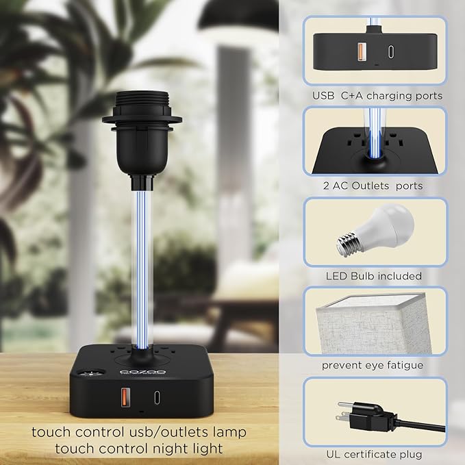 COZOO 3 Way Dimmable Touch Bedside Table Lamp with 3 USB Charging Ports 2 Outlets Power Strip,Black Charger Base White Fabric Shade,LED Desk Night Light for Bedroom/Nightstand/Living Room/College Dorm