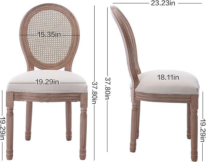 Nrizc Farmhouse Fabric Dining Room Chairs Set of 6, French Chairs with Round Back, Rattan Dining Chair, Oval Side Chair for Dining Room/Kitchen/Restaurant