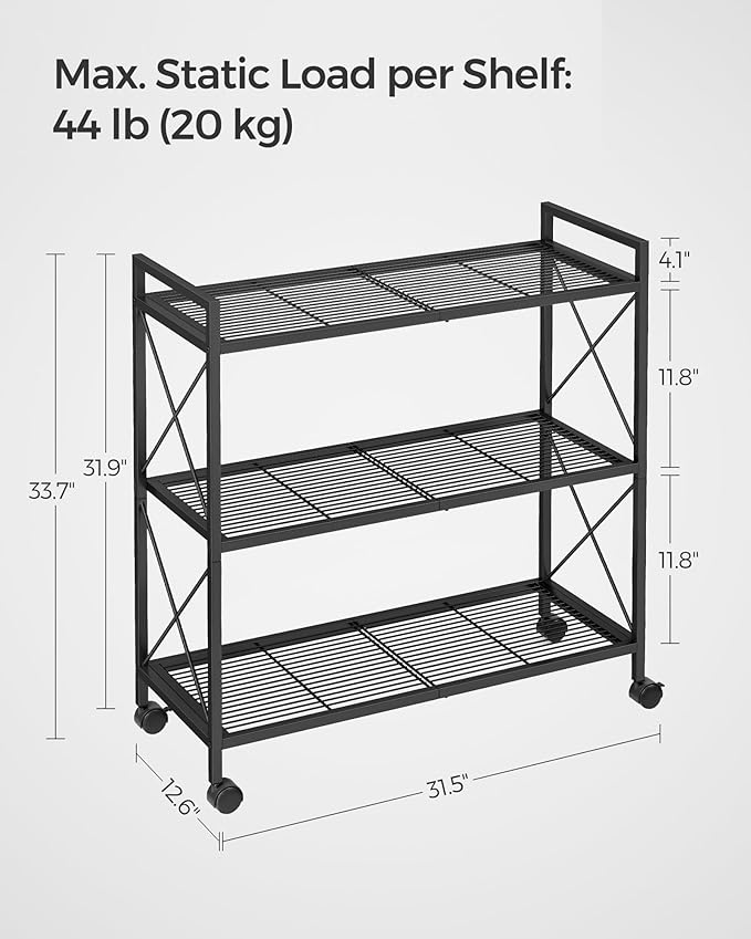 SONGMICS 3-Tier Metal Storage Rack with Wheels, Mesh Shelving Unit with X Side Frames, 31.5-Inch Width, for Entryway, Kitchen, Living Room, Bathroom, Industrial Style, Black UBSC183B01