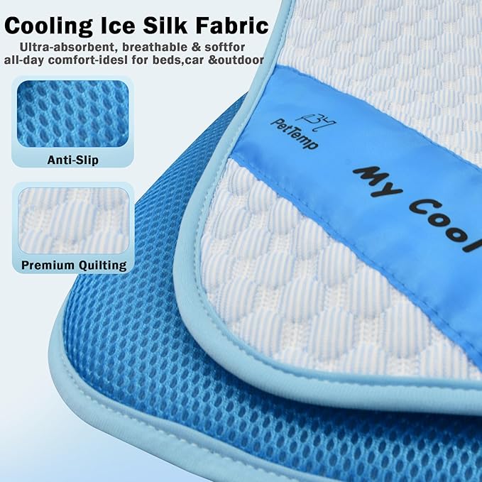 Pet Cooling Mat for Dogs & Cats – Ice-Silk Breathable Washable Foldable Cooling Blanket, Durable Portable Non-Slip Dog Bed for Crate, Kennel, Car & Outdoor Use, Blue (Medium)