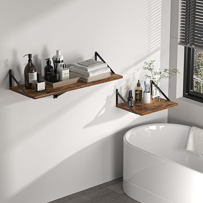 Heimlove Deep Floating Shelves for Wall, 16W x 12D Wood Wall Shelves Set of 2, Wide Floating Bookshelf for Living Room, Kitchen, Office, Bedroom and Decor Storage, with Metal Bracket - Rustic Brown