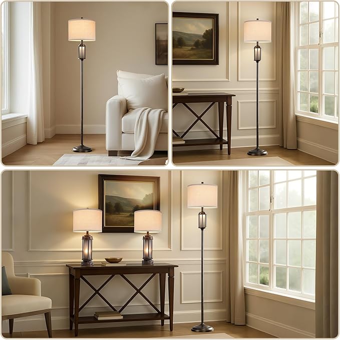 65'' Farmhouse Floor Lamp for Living Room with 2 Light Sources, Vintage Tall Standing Lamp with Frosted Acrylic Nightlight, Rustic Floor Light for Bedroom Office Corner, Bulbs Included