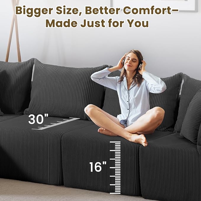 Oversize 131” Boneless Couch for Living Room, Comfort U Shaped Cloud Couch Sectional, Extra Deep Seats Corduroy Modular Sectional Sofa No Assembly,Black