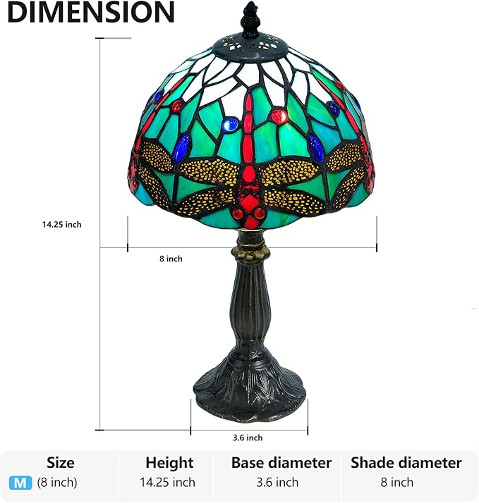 Exquisite Dragonfly Tiffany Style Table Lamp,Handcrafted Stained Glass Lamps for Bedroom, Living Room Decor,8-Inch Small Tiffany Lamp with LED Bulb.