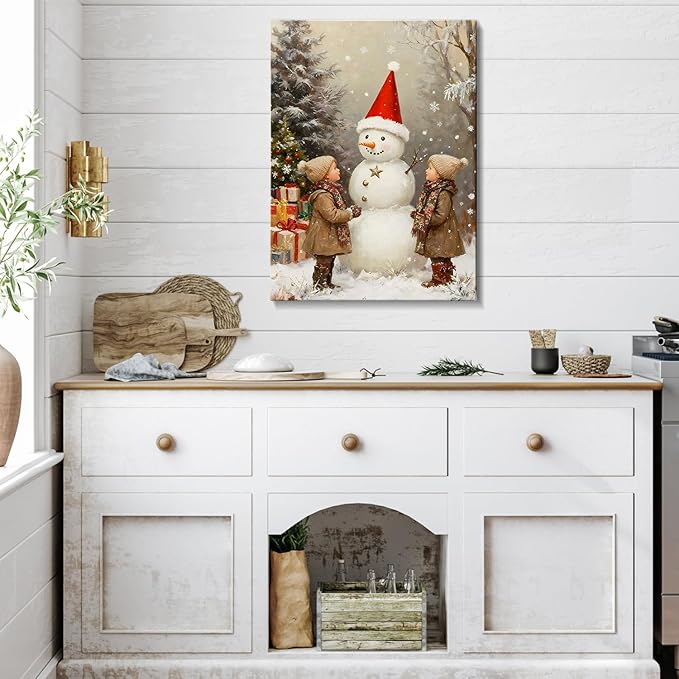 Vintage Snowman with Children Christmas Canvas Wall Art - Rustic Winter Scene Framed Prints for Livingroom & Bedroom, Cozy Farmhouse Christmas Wall Art, Unique Christmas Gifts & Festive Decorations