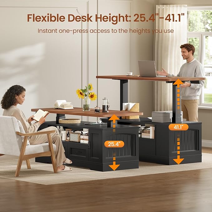 SEDETA 47.2" Electric Standing Coffee Table with Storage, Farmhouse Lift Top Coffee Table with Drawers and Open Shelves, Height Adjustable Tables with Power Outlet, for Living Room, Black