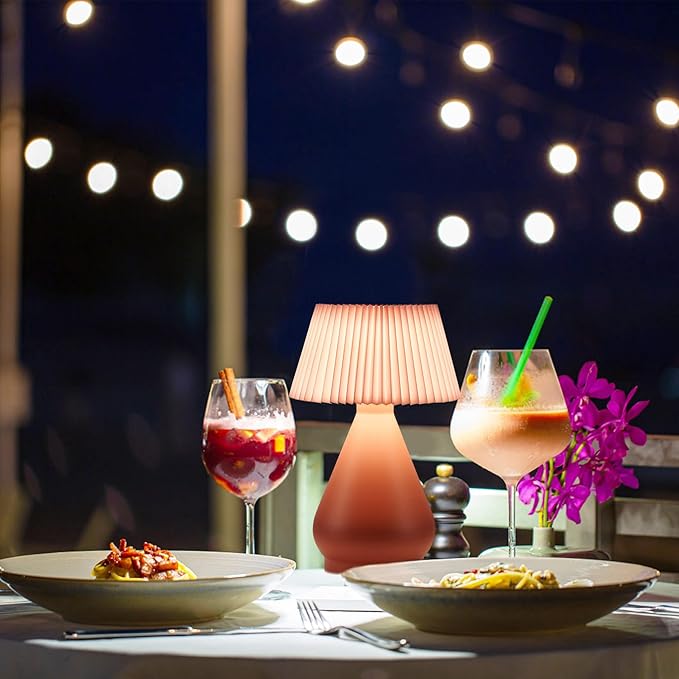 Modern Cordless Table Lamp Rechargeable, Portable LED Desk Lamp,Touch Control 3 Colors Stepless Dimming with Pleated Lampshade for Restaurant, Bedroom, Office,Outdoor Camping, Night Light(Pink)