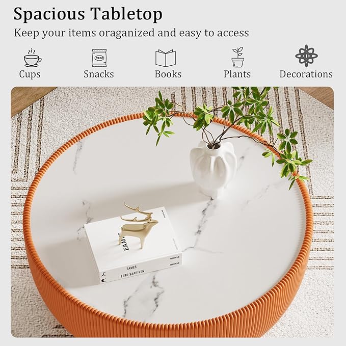 Round Coffee Table Set with Sintered Stone Tabletop, 29.53" Orange Drum Center Table and 19.69" White Coffee Table Set, 2 Pieces Living Room Table Set with Fluted PU Leather Cover& Metal Base