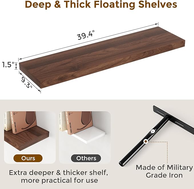 40 Inch Floating Shelves for Wall, 9.3 Inch Deep Shelves for Books & Decor, Wall-Mounted Floating Shelf 40 Inch Long Set of 2, Rustic Wooden Shelf for Living Room, Bedroom, Kitchen, Walnut