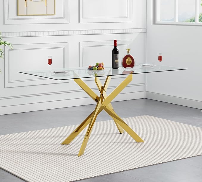 51" Rectangular Glass Dining Table Modern Kitchen Glass Top Table for 4 with Gold Metal Legs, Clear Dining Table Kitchen Table for Home Office Dining Room