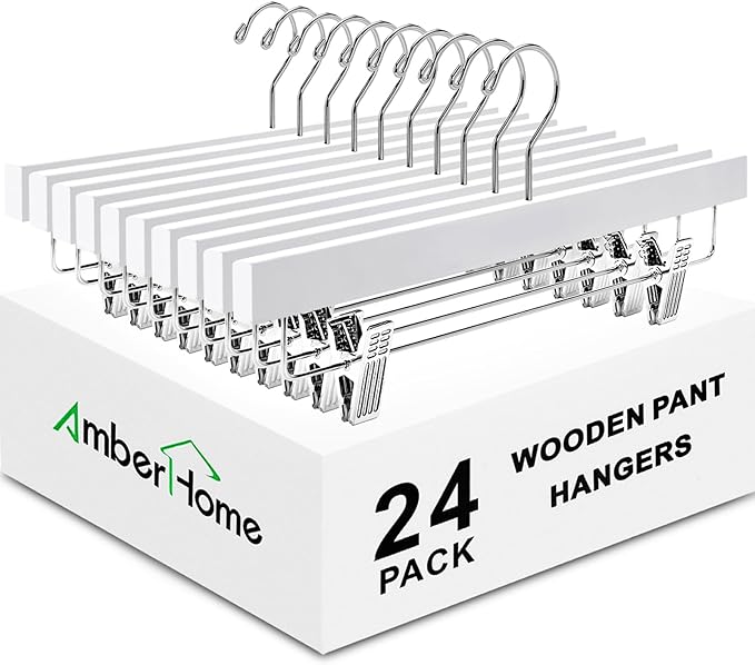 Amber Home 24 Pack White Wooden Pants Hangers with 2-Adjustable Clips for Jeans, Slacks, Shorts