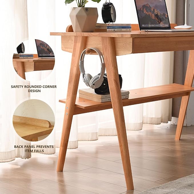 Solid Wood Desk, Mid Century Modern Desks Home Office Desks with Drawers Small Desk for Bedroom