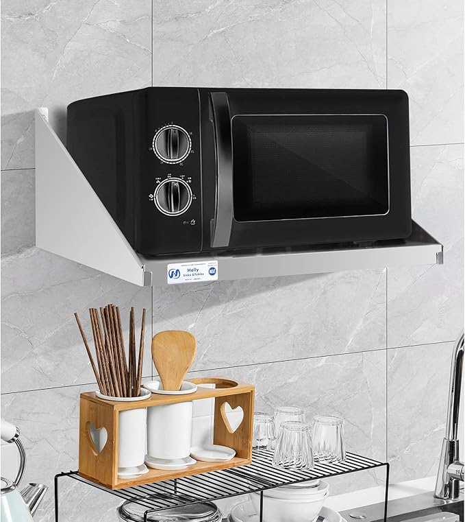 Hally Stainless Steel Microwave Shelf 24"x24" 200 lb, NSF Commercial Heavy Duty Metal Appliance Wall Mount Floating Shelving for Restaurant, Kitchen, Bar, Home and Hotel
