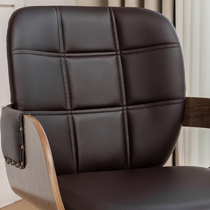 Set of 1 Mid Century Modern Chair - Swivel Dining Chair with Arms and Curved Back, Faux Leather Reception Room Chairs, Ideal for Kitchen/Living Room/Reception/Desk (Coffee Brown)