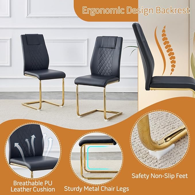 AZmac 63" Glass Dining Table Set for 4,Luxury Gold Dining Room Set with Stainless Steel Pedestal, Rectangular Tempered Glass Kitchen Table with PU Leather Chairs, for Kitchen Apartment