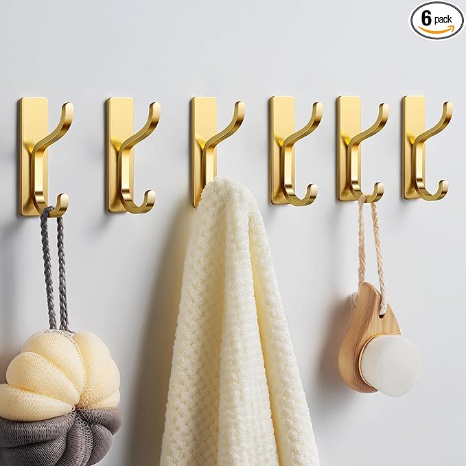 pickpiff Adhesive Wall Coat Hooks - Heavy Duty Stick-On Door Hanger, Metal Hook for Hanging Towel,Purse, Robe, Backpack, Jacket, Clothes - for Bathroom,Dorm, Closet, Kitchen - Gold, 6 Pack