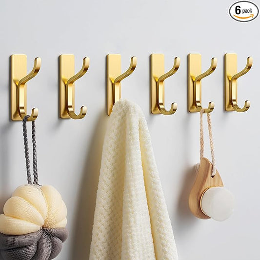 pickpiff Adhesive Wall Coat Hooks - Heavy Duty Stick-On Door Hanger, Metal Hook for Hanging Towel,Purse, Robe, Backpack, Jacket, Clothes - for Bathroom,Dorm, Closet, Kitchen - Gold, 6 Pack
