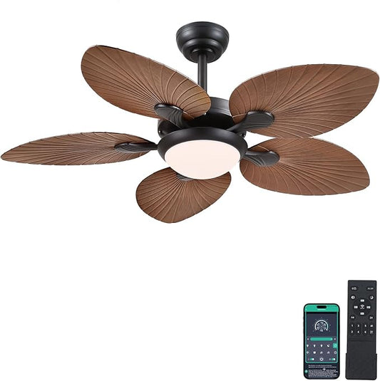 Tropical Ceiling Fans with Lights and Remote/APP Control, 44 Inch Palm Leaf Ceiling Fan with LED Lights, Outdoor Ceiling Fans for Patios Porch, Reversible Quiet Motor, Dimmable, Light Brown