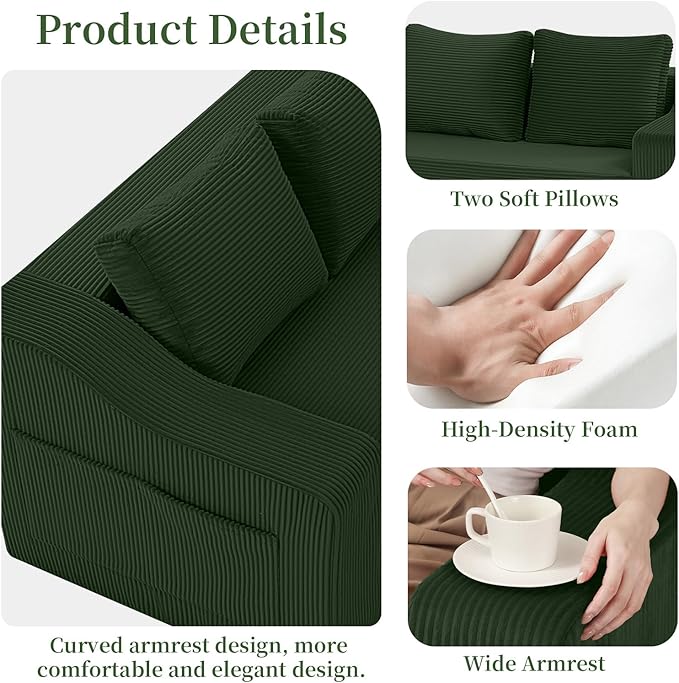MeMoreCool Convertible Sofa Bed, Pull Out Loveseat Sofa Sleeper Couch for Bedroom Living Room Lounge, 2 in 1 Small Couch Bed with Pillow, Foldable Love Seat Futon Corduroy Green