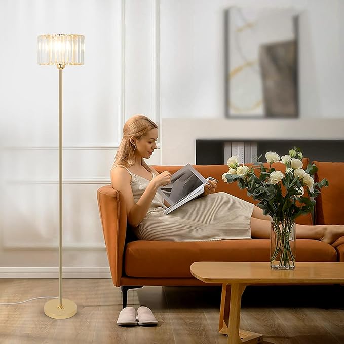 HMVPL Gold Floor Lamp for Living Room, Modern Floor Lamp with K9 Crystal Shade, Brass Standing Lamp with On/Off Switch,Mid Century Tall Lamp Crystal Pole Lamp for Bedroom Corner Office Nursery Reading