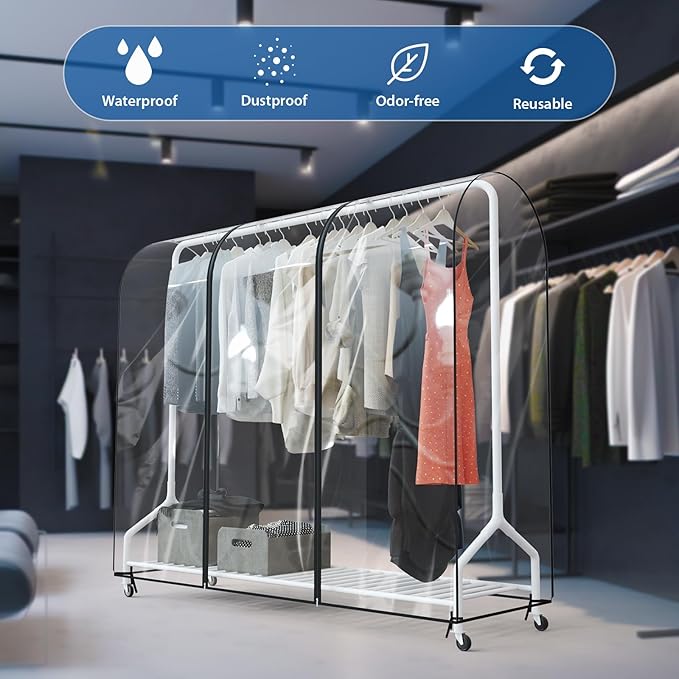 Zilink Clear Garment Rack Cover 6Ft Transparent Clothes Rack Cover Waterproof Clothing Rack Cover with 2 Durable Zippers for Garment Rack (72"L x 20"W x 60"H, Rack Not Included)