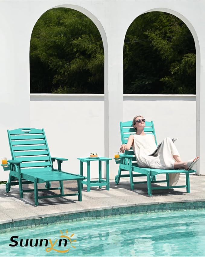 Lounge Chair Outdoor Set of 4 with Wheels, Adjustable 6-Position Chaise Lounge Outdoor, Patio Lounge Chair for Poolside Backyard, Lake Blue