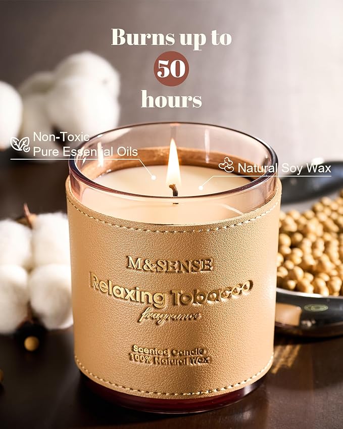 M&SENSE Cinnamon Tobacco Scented Candles,Vegan Soy Wax Candle,10oz 42-Hour Slow Burning Time,No Toxin Naturally Scented Fall Winter Home Fragrance for Stress Relief, Thanksgiving Christmas Gifts