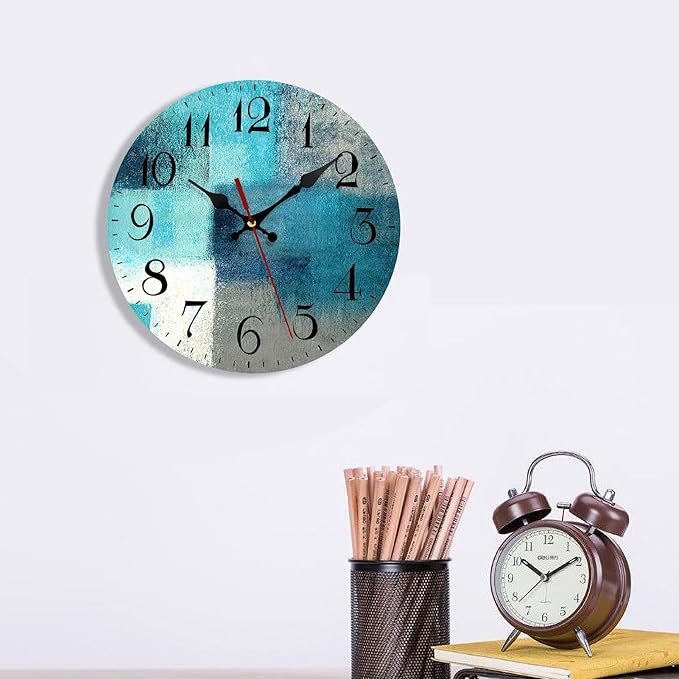 ArtSocket Turquoise Wooden Wall Clock Silent Non-Ticking, Green Blue Grey Teal Aqua Abstract Painting Gray Round Wall Clock Decor for Home Kitchen Living Room Office, Battery Operated 12 Inch