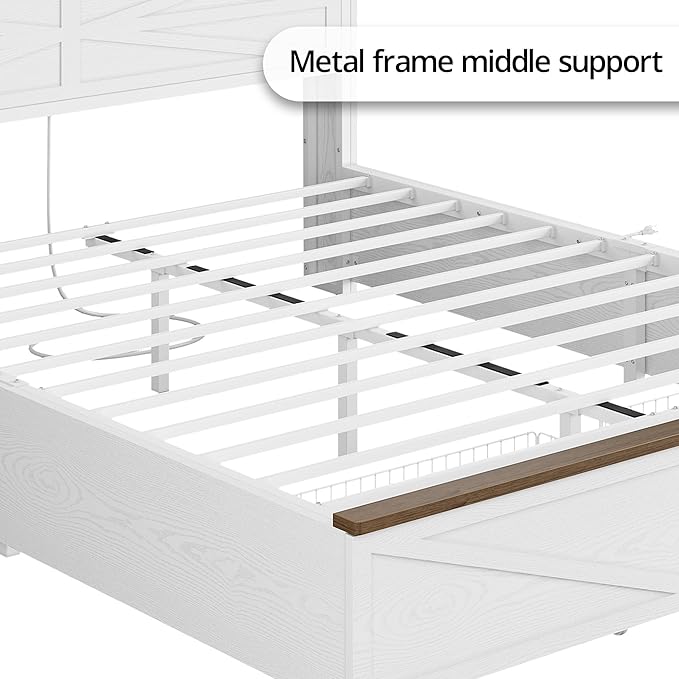 IRONCK Farmhouse Queen Size Bed Frame with LED Light and Charging Station, Wood Bed Frame with Storage Headboard and 2 Drawers， Barn Door Design, Sturdy and Noiseless, White