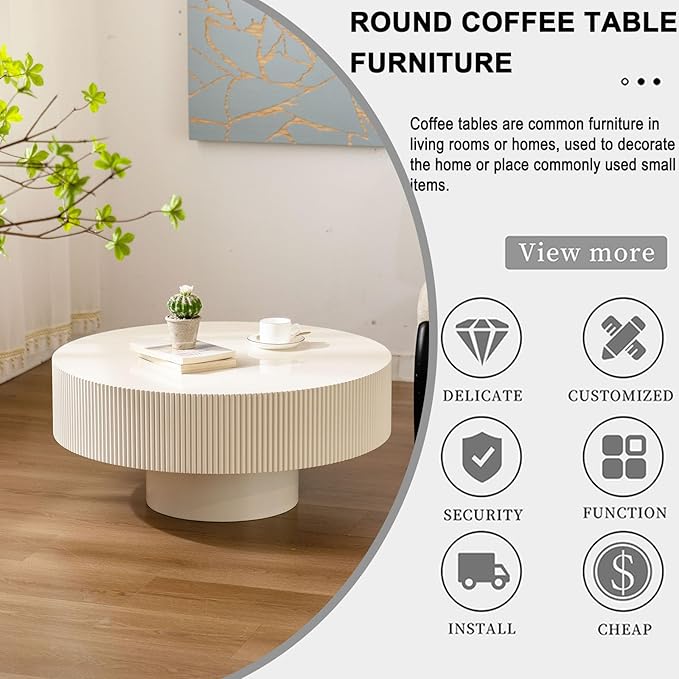 Round Coffee Table, Handcrafted Fluted Drum Coffee Tables Modern Wood Coffee Table Circle Drum Center Table for Living Room, Apartment (White Thick)