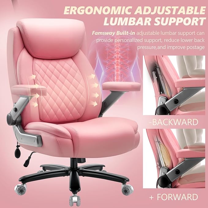 650LBS Big and Tall Office Chair with 5D Flip Arms and Thick Pocket Spring Cushion, Extra Wide Heavy Duty Office Chair with Adjustable Lumbar Support, Large High Back Computer Chair Dual Rubber Wheel