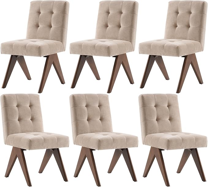 Rowill Modern Upholstered Dining Chairs Parsons Chair Linen Fabric Kitchen Chairs Tufted Armless Dining Room Chairs with Wood Legs Set of 6, Khaki