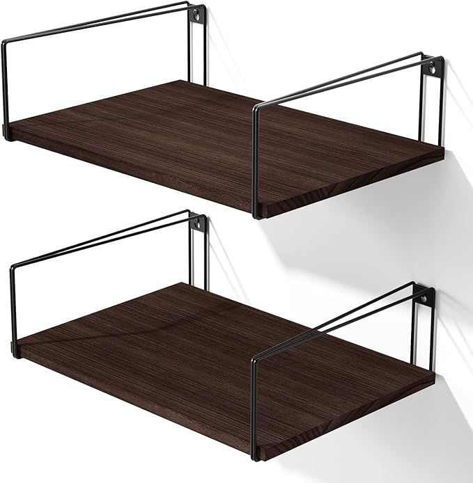 SRIWATANA Wide Floating Shelves, Rustic Wood Wall Shelves Set of 2, Wall Mounted Shelves with Large Capacity for Many Rooms Decor, Dark Walnut