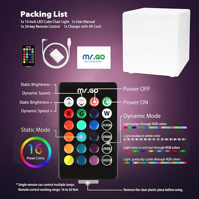 Mr.Go 15-Inch LED Cube Chair, 16 Dimmable RGB Colors Cube Seat w/Remote, Rechargeable Glowing Side Table, Waterproof Outdoor Floor Lamp for Patio, Pool, Home, Garden, Bar, Stage, Party Decor Lighting