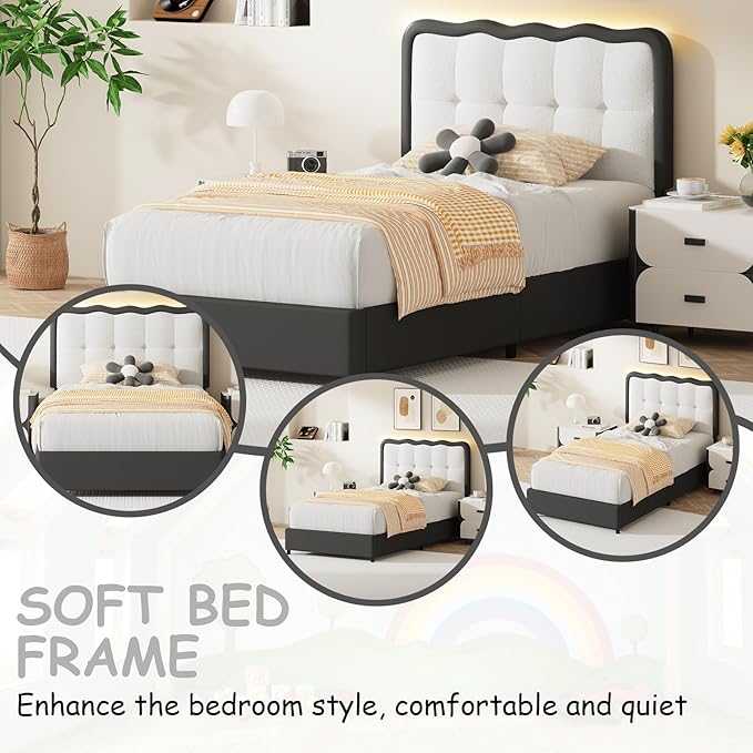 BarnFurin Twin Bed Frame with LED Lights, Twin Size Bed Frame with Cloud Headboard LED Lights, Upholstered Platform Bed with Cloud Headboard, No Box Spring Required, Easy Assembly, Black