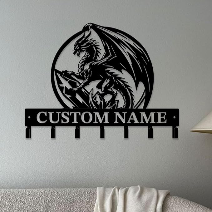 Customized Name Key Hook - Evil Dragon Design Keys Holder Decor Black Iron Metal Wall Organizer for Home & Office (Multiple Sizes) (Style B)