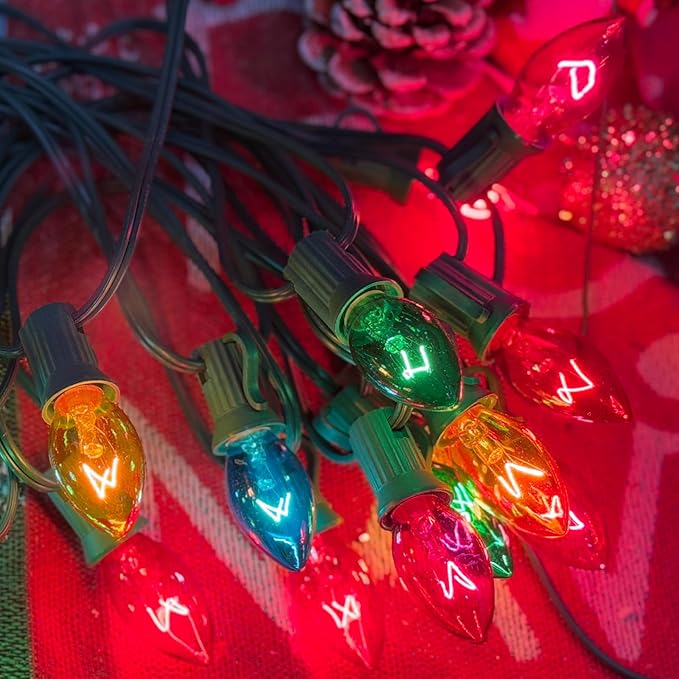 SUNSGNE 25Ft Multicolor Christmas Lights, C7 Incandescent Christmas Light with 27 Clear Vintage Outdoor Colorful Lights (2 Spare) for Holiday Prom Party Wedding Decor, Green Wire