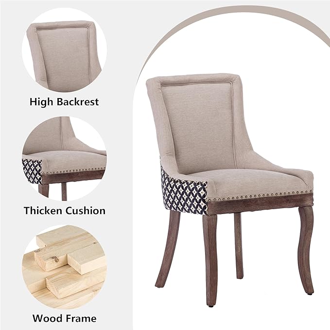 Farmhouse Dining Chairs Set of 6, Upholstered Fabric Dining Room Accent Chairs with Wood Legs & Bronze Nailhead, High Wingback Kitchen Chairs for Living Room Hotel Apartment, Beige Patterned