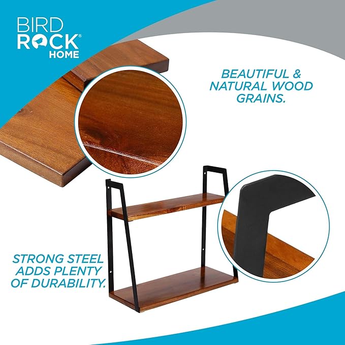 BIRDROCK HOME 2-Tiered Wall Shelf - Wood Metal Floating Wall Shelves - Home Decor - Decorative Hanging Shelves - Rustic Farmhouse - Bathroom Bedroom Living Room