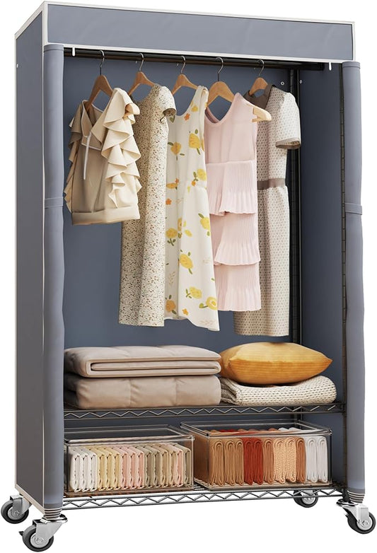 H4 Heavy Duty Clothes Rack with Cover, Rolling Garment Rack on Wheels, Portable Closet for Hanging Clothes, Black Clothing Rack with Grey Cover, Max Load 380LBS