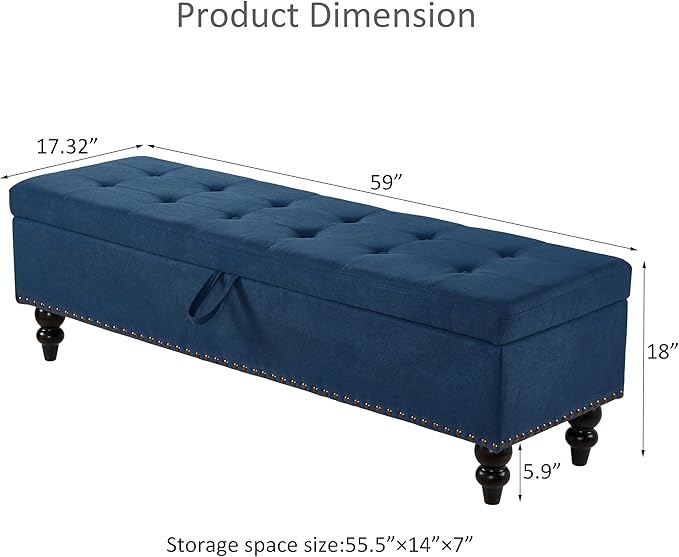 mikibama Linen Storage Bench for Bedroom End of Bed,59" Long Tufted Bed Bench with Storage,Modern Mid Century Storage Ottoman Bench for Window,Entryway,Living Room Solid Wood Legs (Blue)