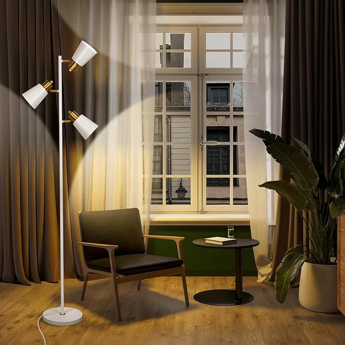 Tree Floor Lamp for Living Room, Industrial 3-Light Standing Lamp with 3 LED Bulbs, Adjustable Rotation Heads, Standing Tall Pole Lamp Farmhouse Rustic Reading Lamps for Bedroom Office (White Gold)