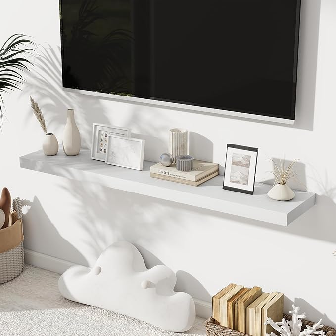 Fun Memories 48 Inch Floating Shelves for Wall 8 Inch Deep White Shelves Set of 2, Wall Mounted Rustic Wood Long Floating Shelf, Large Display & Storage Shelf with Invisible Brackets