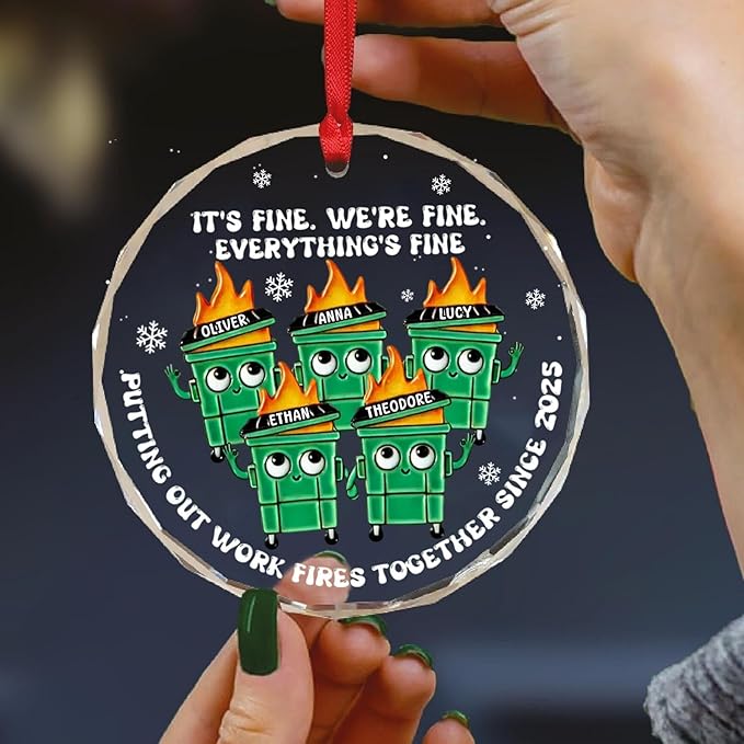 NAZENTI Personalized Fire Response Team Glass Ornament, Custom Flaming Dumpster Holiday Piece, Coworker Christmas Tree Hanging Decoration