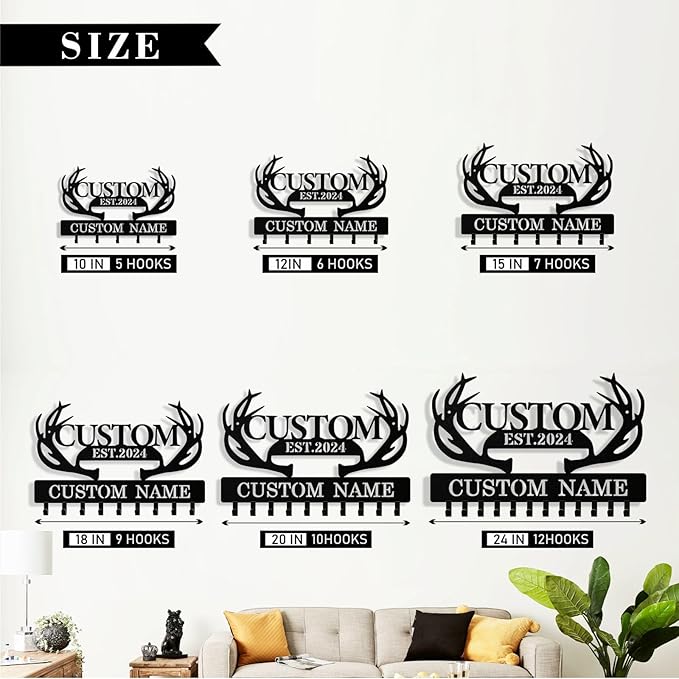 Personalized Deer Antler Key Holder Wall Mount, Custom Metal Keys Hanger for Wall with Name, Custom Key Rack Holder with Hooks for Entryway, Front Door, Hallway, Living Room, Kitchen
