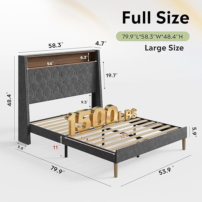 WLIVE Full Size Upholstered Bed Frame with Storage Headboard, Velvet Square Tufted Platform Bed with Charging Station, Sturdy Metal & Wooden Slats Support, No Box Spring Needed, Grey