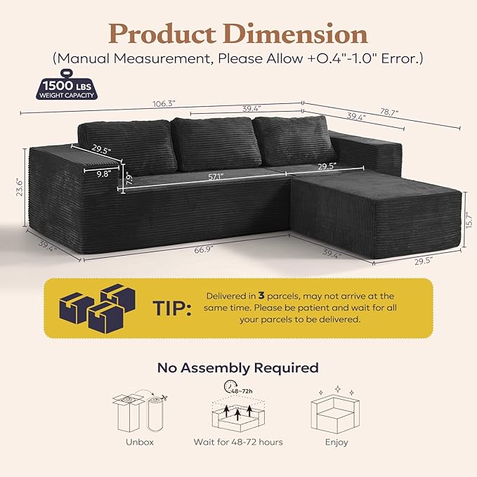 106" Modular Sectional Sofa with L-Shape Chaise, Right/Left Facing Deep Seat Cloud Couch, No Assembly Required, Upholstered Couch for Living Room Bedroom (Plush Corduroy Fabric, Black)