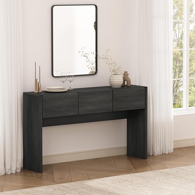 Manhattan Comfort Linda Modern Console Table with 3 Storage Drawers – 60" Narrow Entryway Stand for Living Room, Hallway, or Dining Room – Wood Grain Accent Furniture, Charcoal Grey