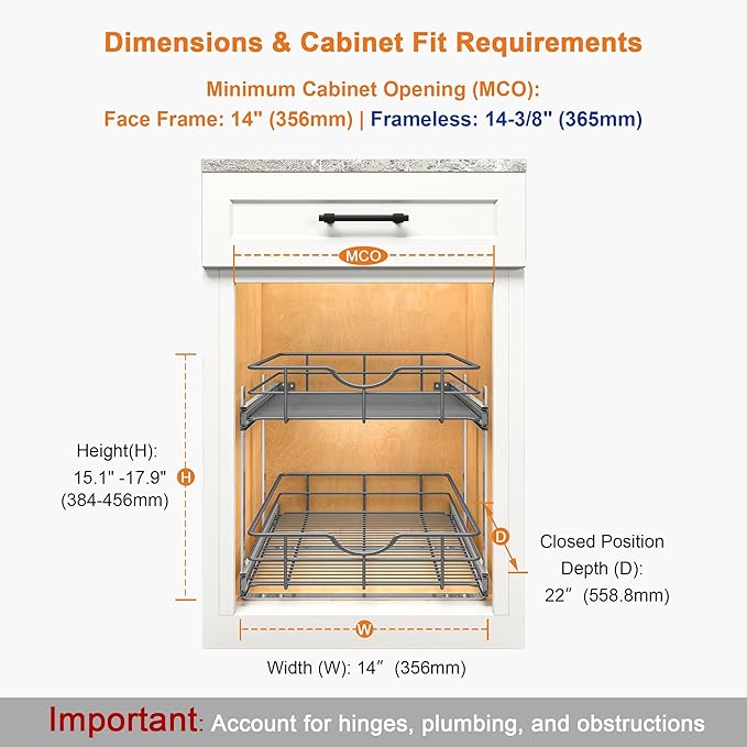 ALINE FURNITURE 2-Tier Pull Out Cabinet Organizer - 14" W x 22" D Soft Close Pullout Shelves with Shelf Liners - Slide Out Drawers for Kitchen Cabinets, Pantry, Bathroom, Heavy Duty Steel Wire Baskets